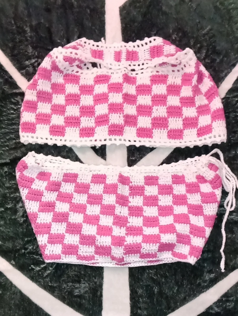Frankie’s Bikinis NWT SET Pink Checkers Crochet Bikini Ingred Top